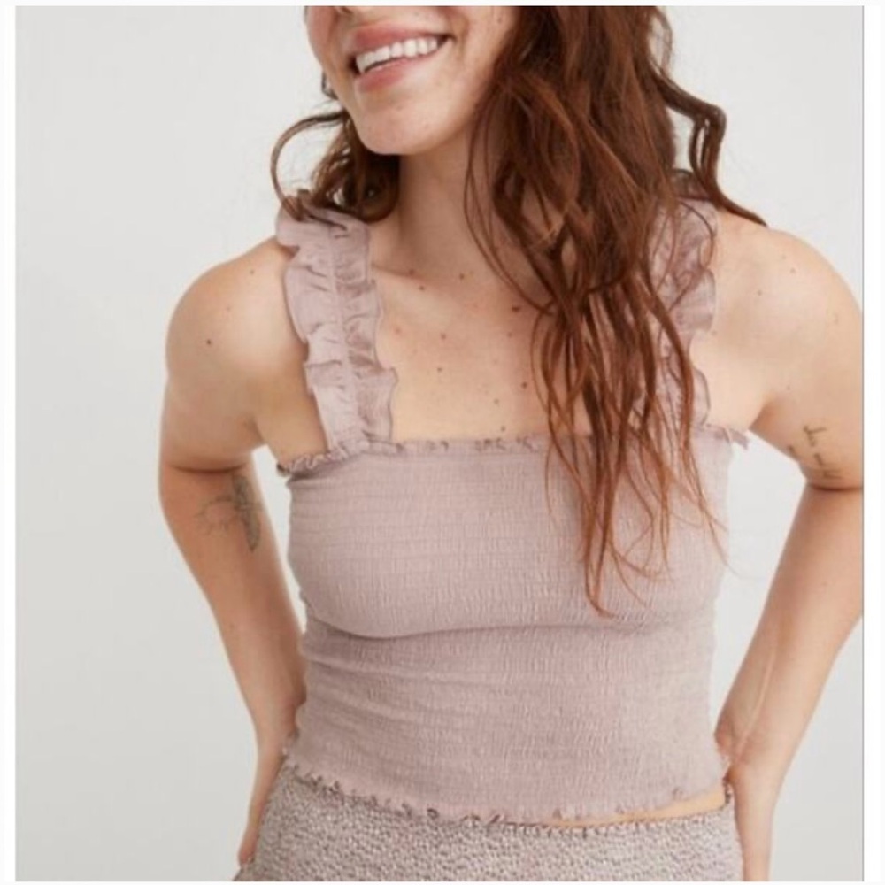 Aerie Mauve Dusty Pink Smocked Tank Top Large Ruffle Sleeves